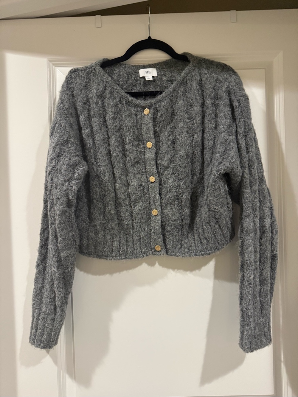The Gap X Cult Gaia Gray Fuzzy Cropped Cable Knit Button Cardigan